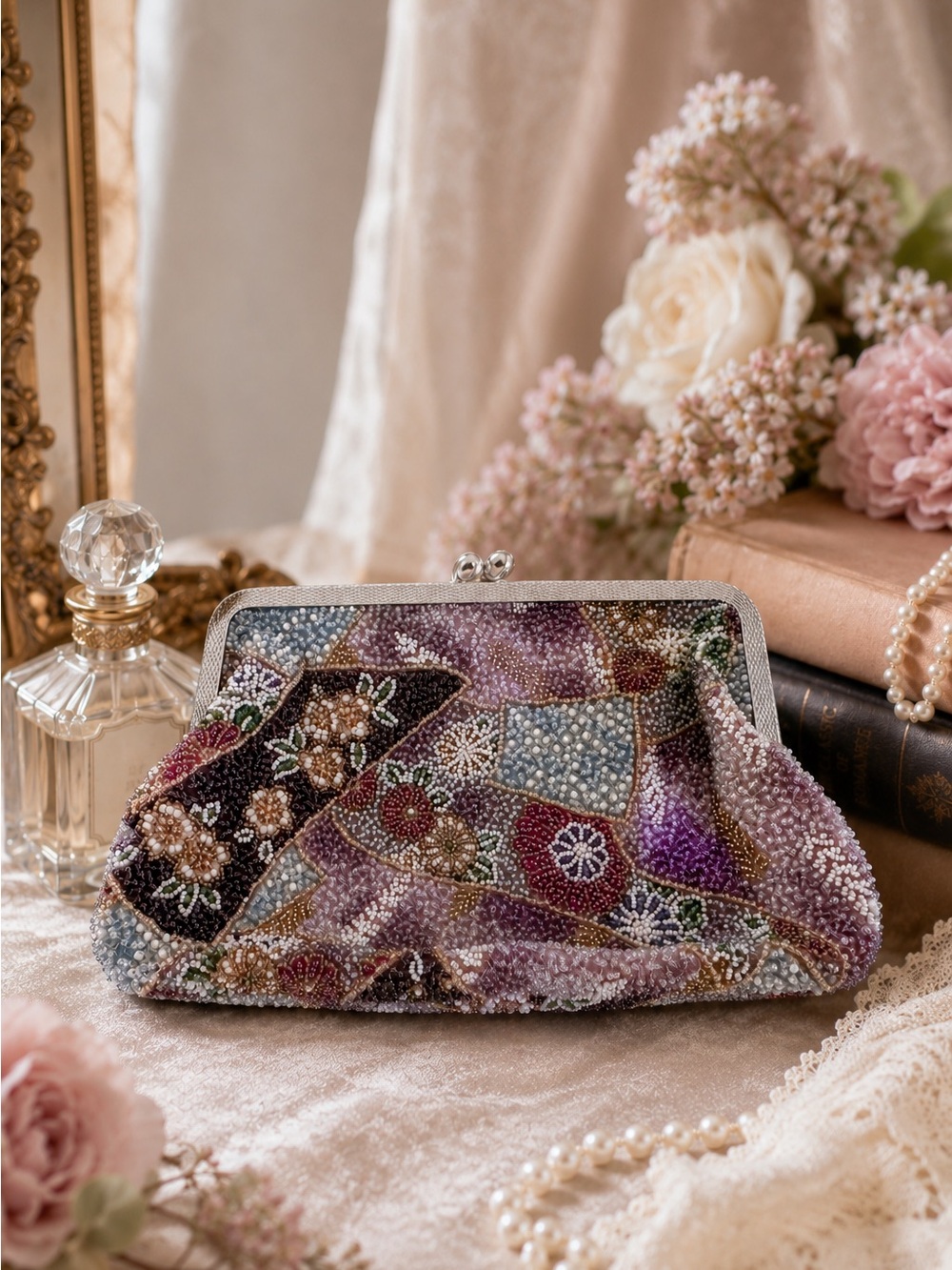 Vintage Handmade Seed Bead Clutch Purse Floral Patchwork Kiss Lock Evening Bag